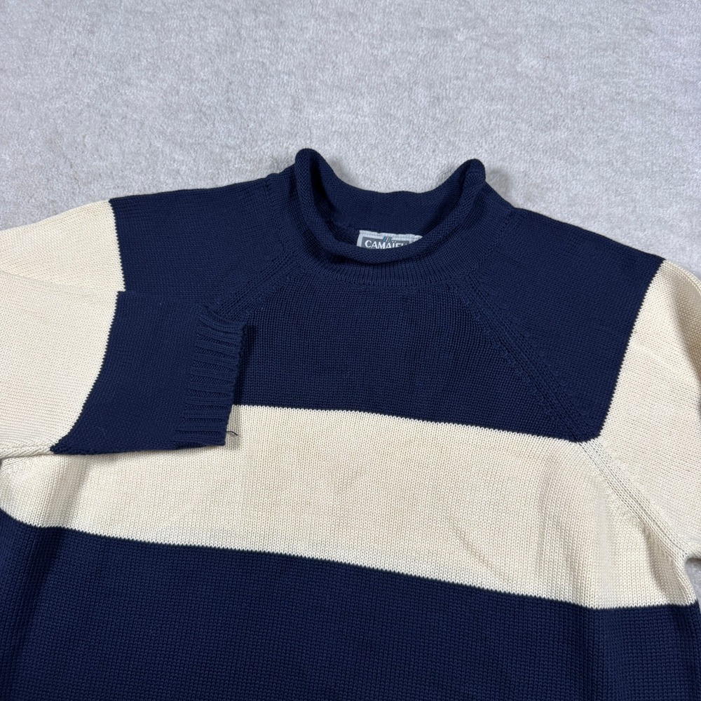 Camaieu Sweater Womens L Navy Blue Cream Striped Roll Neck Raglan Cotton Blend